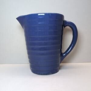 Vintage Pottery Pitcher Blue Ringed Ribbed Stamped USA Ceramic